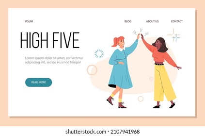 Women congratulate each other with high five, web banner template - flat vector illustration. Landing page with concept of feminism, girl power and togetherness. People greeting with gestures.