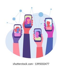 Women Connection. Global communication. Diverse group of women with raised hands holding smartphones. Video call and Long distance communication. Women rights, equality, Empowerment. Flat style vector