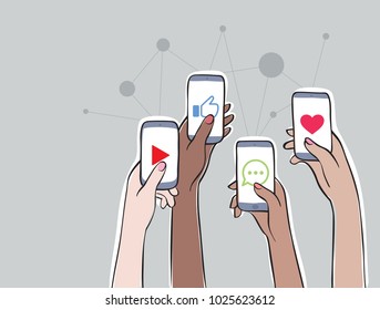 Women Connection - Trending Topics on Social Media
Women on social network. Hands holding smartphones with apps icons. Online communication and connection