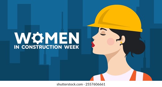 Women in Construction Week. Women and building. Great for cards, banners, posters, social media and more. Blue background.   