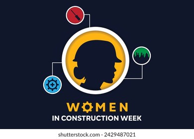 Mujeres en la Semana de la Construcción. Silueta vectorial de mujer con sombrero de proyecto, símbolo de seguridad, destornillador, sitio de construcción. Tarjetas, banners, afiches, redes sociales y más. Fondo negro.