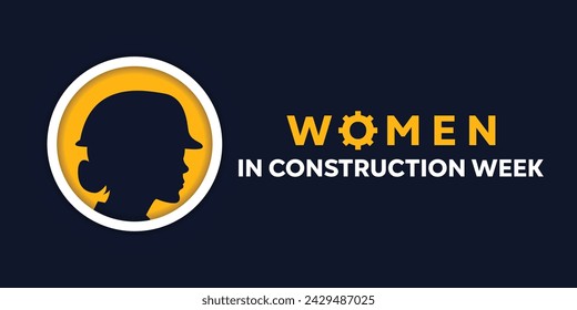 Women in Construction Week. Vector silhouette of woman wearing project hat. Cards, banners, posters, social media and more. Black background.