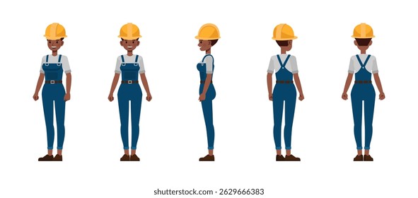 Las mujeres trabajadoras de la construcción vista frontal, lateral y posterior usan un juego de diseño de Ilustración vectorial de personaje de delantal de reparador azul. Presentación en diversas acciones.
