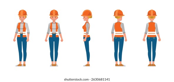 Women construction worker service front, side and back view character vector illustration design set. Presentation in various action.