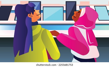 women consumers in electronics store choosing and buying digital gadgets big sale shopping concept