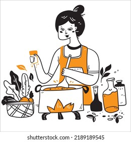 Women cooking doodle vector illustration 