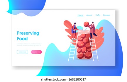 Women Cooking Fermented Homemade Food Landing Page Template. Tiny Female Characters Stand on Ladders Put Ripe Tomatoes and Salt into Huge Glass Jar, Purveyance. Cartoon People Vector Illustration