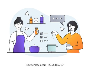 Women cooking in kitchen. Girls preparing dinner, delicious food, soup, character salting dish. Cook, restaurant, cafe, work. Mother and daughter in apartment. Cartoon flat vector illustration
