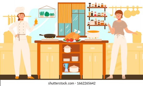 Women cooking in kitchen, professional chef and housewife, vector illustration. Cartoon character cooking homemade meal, soup in pot, owen baked turkey. Woman in kitchen, people cook uniform
