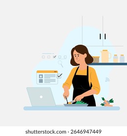 Mulheres cozinhando na cozinha usando uma lista de verificação de treinamento de labtop on-line com plano de fundo ícone monimal, design plano moderno vetor de negócios