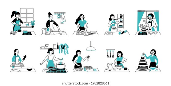 Women cooking. Woman kitchen, preparing food and cook stew dining. Home service, happy young housewife cutting raw products decent vector set
