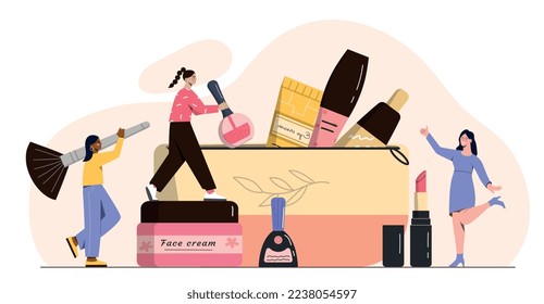 Mujeres con bolsa de cosmética. Las chicas jóvenes sacan productos para el cuidado de la piel. Belleza e higiene. Elegancia y estética. Personajes con esmalte de uñas, spray y loción. Dibujo vectorial plano de dibujos animados