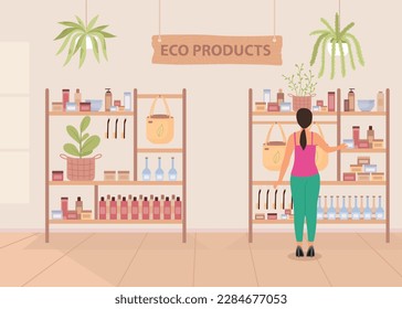 Women in cosmetic store. buying organic cosmetic products. inside view from backside. women buying eco products. flat vector illustration.