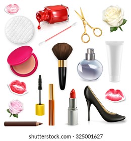 Women cosmetics and accessories, rose bud, high-heel shoes, vector illustration set isolated on the white background