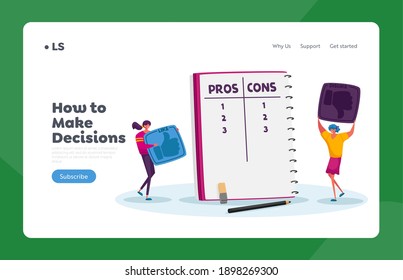 Women Count Advantages or Disadvantages Landing Page Template. Tiny Female Characters Make Decision at Notebook with Pros or Cons List in Separated Column, Cartoon Vector Illustration