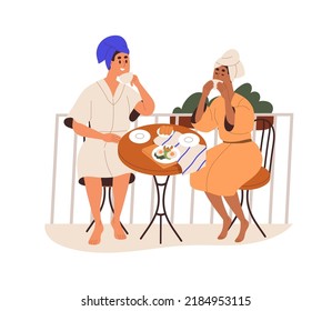 Women couple in bathrobes eating, having breakfast on balcony. Happy young girls friends in gowns drinking coffee on summer weekend. Flat graphic vector illustration isolated on white background