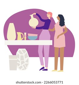 Women couple choosing vase in utensils department. Home decoration shopping process. Flat vector illustration