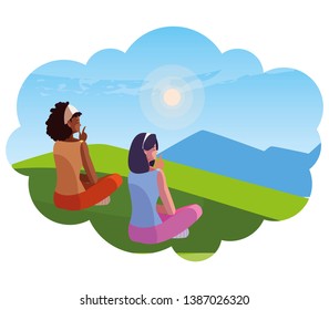 women couple contemplating the horizon in the field scene