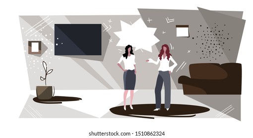 women couple discussing during meeting two girls talking in living room at home chatting about their relations modern apartment interior sketch horizontal full length