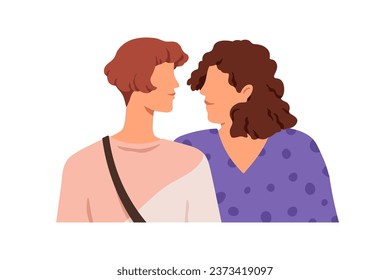 Women couple. Female characters, two emotionless faces meeting, looking at each other. Interpersonal relationship, communication concept. Flat vector illustration isolated on white background