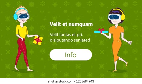 women couple wear digital glasses hold gift boxes present merry christmas happy new year holidays celebration concept flat horizontal copy space