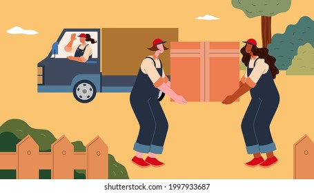 Women couriers with a large parcel. Flat style illustration of two female workers carrying a big parcel box from the courier van to recipient. Concept of women at work