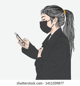 Women covered the mask in the size that she played on the smartphone in the outdoors.Doodle art concept,illustration painting