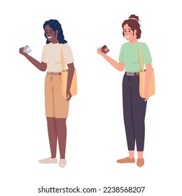 Women with cream jars semi flat color vector characters set. Editable figures. Full body people on white. Cosmetics simple cartoon style illustrations collection for web graphic design and animation