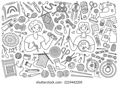 Women creating needlework crafts, collection of needlework tools, icons of yarn, needles, sewing machine, handicraft accessories, set of handmade doodle items, isolated outline clipart 