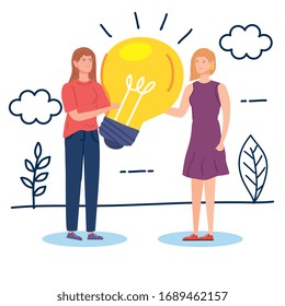 women creative with light bulb in landscape vector illustration design