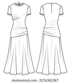 women crew neck short sleeve full skirt maxi dress vector illustration. Technical flat sketch front and back view template, mockup.