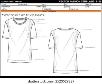 WOMEN CREW NECK SHORT SLEEVE TEE FLAT SKETCH FASHION TEMPLATE TECHNICAL ILLUSTRATION