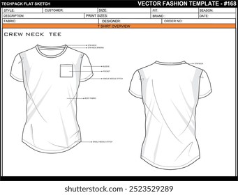 WOMEN CREW NECK TEE FLAT SKETCH FASHION TEMPLATE TECHNICAL ILLUSTRATION