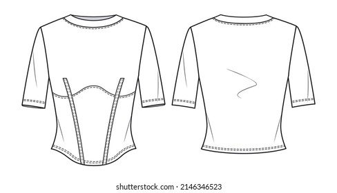 Women crew neck T-shirt  fashion flat sketch template. Girl Short Sleeves Top with Corset Technical Fashion Illustration. T-shirt fashion flat design set, front and back, white.