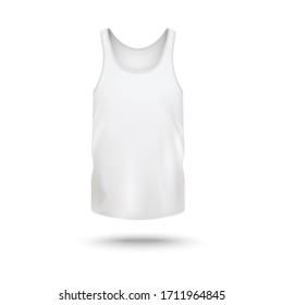 Women crew-neck t-shirt or active wear top white template, realistic vector illustration isolated on white background. Sleeveless sport vest or female underwear mockup.