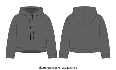 Women crop hoodie technical sketch. Dark grey color. CAD mockup template hoody. Drawing kids clothes. Back and front view. Vector design for packaging, fashion catalog.