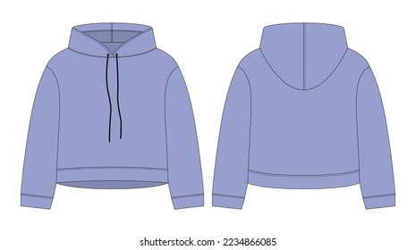 Esbozo técnico para la cosecha de mujeres. Color azul frío. Hoody de plantilla de simulación de CAD. Dibujando ropa para niños. Vista posterior y frontal. Diseño de vectores para embalaje, catálogo de moda.