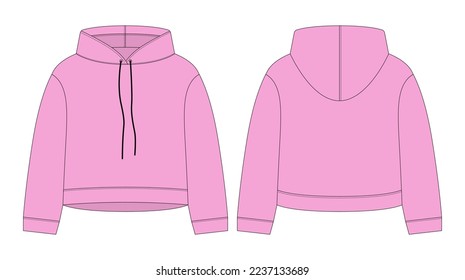 Women crop hoodie technical sketch. Pink color. CAD mockup template hoody. Drawing kids clothes. Back and front view. Vector design for packaging, fashion catalog.