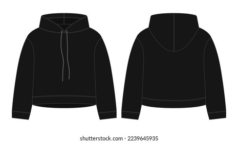 Women crop hoodie technical sketch. Black color. CAD mockup template hoody. Drawing kids clothes. Back and front view. Vector design for packaging, fashion catalog.