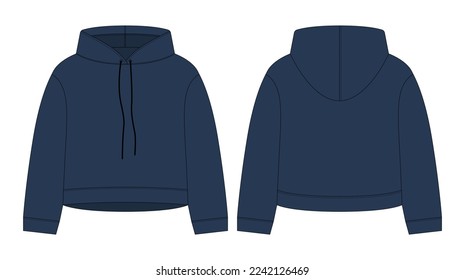 Women crop hoodie technical sketch. Dark blue color. CAD mockup template hoody. Drawing kids clothes. Back and front view. Vector design for packaging, fashion catalog.