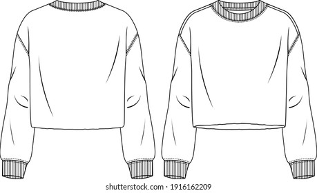 Women Crop Top fashion flat sketch template. Technical Fashion Illustration. Fleece Crew Neck Sweatshirt