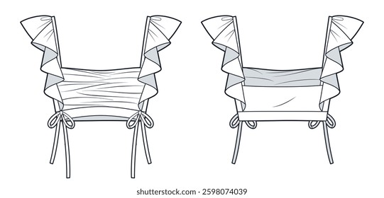 Women Crop Top with ruffled straps Technical Fashion Illustration. Draped Top fashion flat technical drawing template, front bows, slim fit, front and back view, white, women CAD mockup.