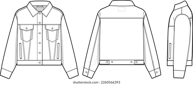 Women cropped denim jean jacket trucker vector flat technical drawing illustration mock-up template for design and tech packs fashion CAD streetwear fashion brand design resource file slim.