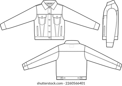 Women cropped denim jean jacket trucker vector flat technical drawing illustration mock-up template for design and tech packs fashion CAD streetwear fashion brand design resource file slim.