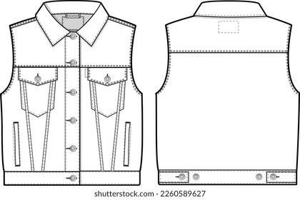 Chaqueta de la chaqueta de la chaqueta de la manta del denim cortada de la manga sin mangas ajuste delgado Plano de dibujo técnico de color Ilustración Modelo de maquillaje en blanco para dibujos técnicos y de diseño boceto técnico CAD