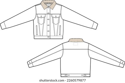 Women cropped sherpa denim jacket trucker vector flat technical drawing illustration mock-up template for design and tech packs fashion CAD streetwear fashion brand design resource file slim.