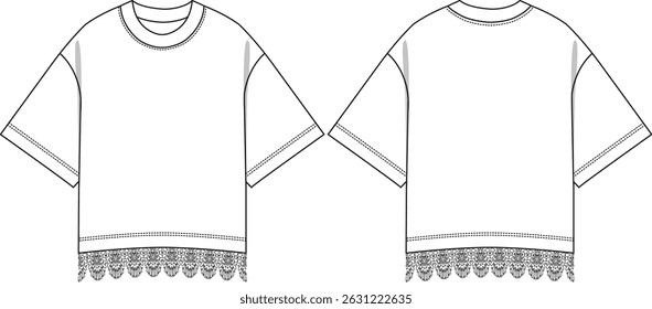 Women Cropped T Shirt with lace at bottom hem, relaxed fit, everyday wear, short sleeves, sketch front and back, vectors, fashion