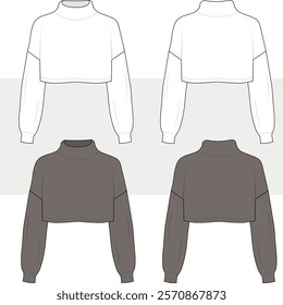 Women Cropped turtleneck knit sweater fashion illustration technical drawing template front and back view, white color, women, CAD mockup.