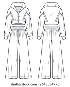 Women Cropped Zip Up Jacket and Wide-Leg Pants technical fashion illustration. Tracksuit fashion flat technical drawing template, front and back view, white, drawstring, women Activewear CAD mockup.