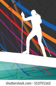 Women cross country skiing silhouettes in abstract line active outdoor sport vector background illustration